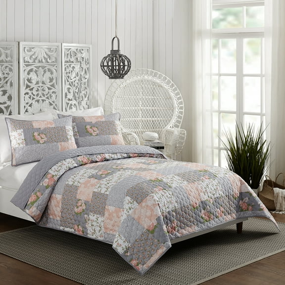 Modern Heirloom La Flor Pink Patchwork Printed 2-Piece Quilt Set, Twin/Twin XL