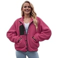 thumbnail image 5 of felwors Womens Fuzzy Fleece Jacket Fall Casual Long Sleeve Cropped Button Down Shacket Coats Outwear With Pockets Hot Pink, XL, 5 of 8