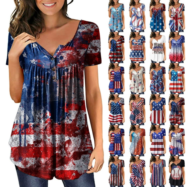 TQWQT Plus Size American Flag Shirt for Women Casual Tunic Tops To Wear  with Leggings Short Sleeve Loose Henley Blouses Flowy Botton Up  Tshirts,Royal