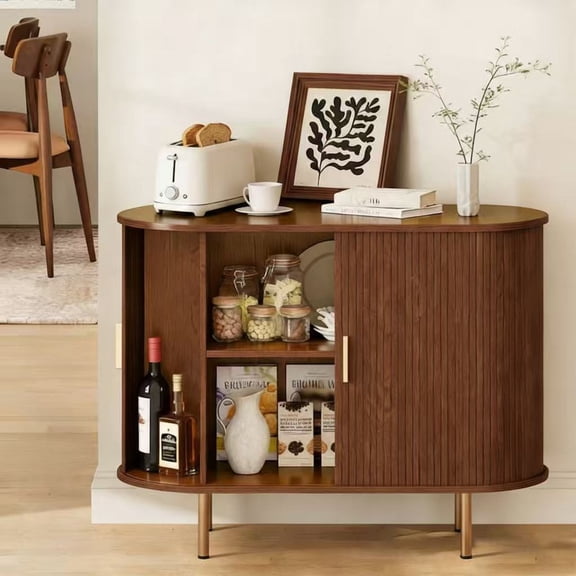 Aisword Sideboard Buffet Cabinet with Storage,Mid Century Modern Fluted Accent Coffee Bar Console Table,Tambour Sliding Doors& Adjustable Shelf for Kitchen, Living Room, Entryway, 40 Inch Walnut