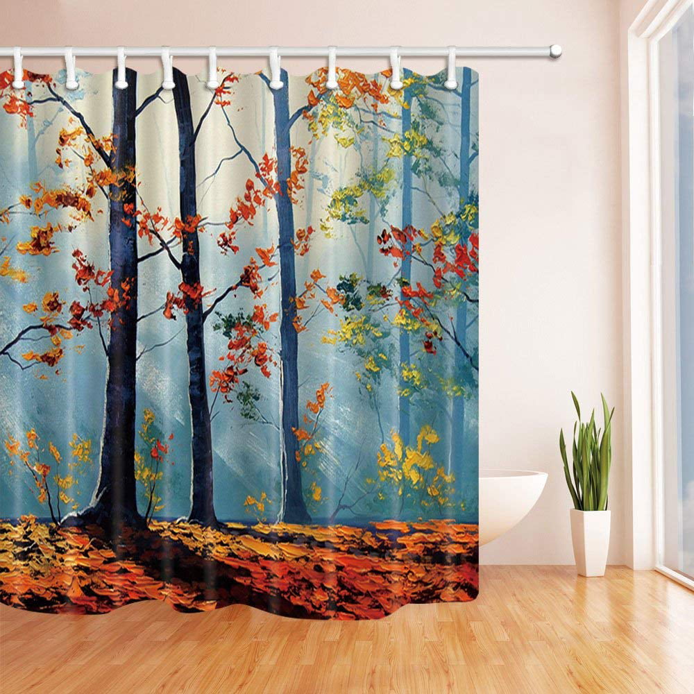 Maple Tree Fallen Leaves White Shower Curtain Liner Bathroom Mat Waterproof 