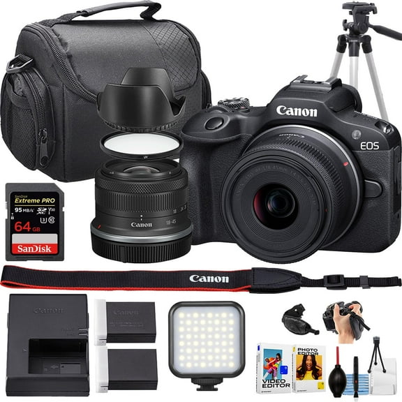 Canon EOS R100 Mirrorless Camera w/18-45mm Lens   Sandisk 64GB Extreme Memory Card   Camera Case   More (16pc Bundle)