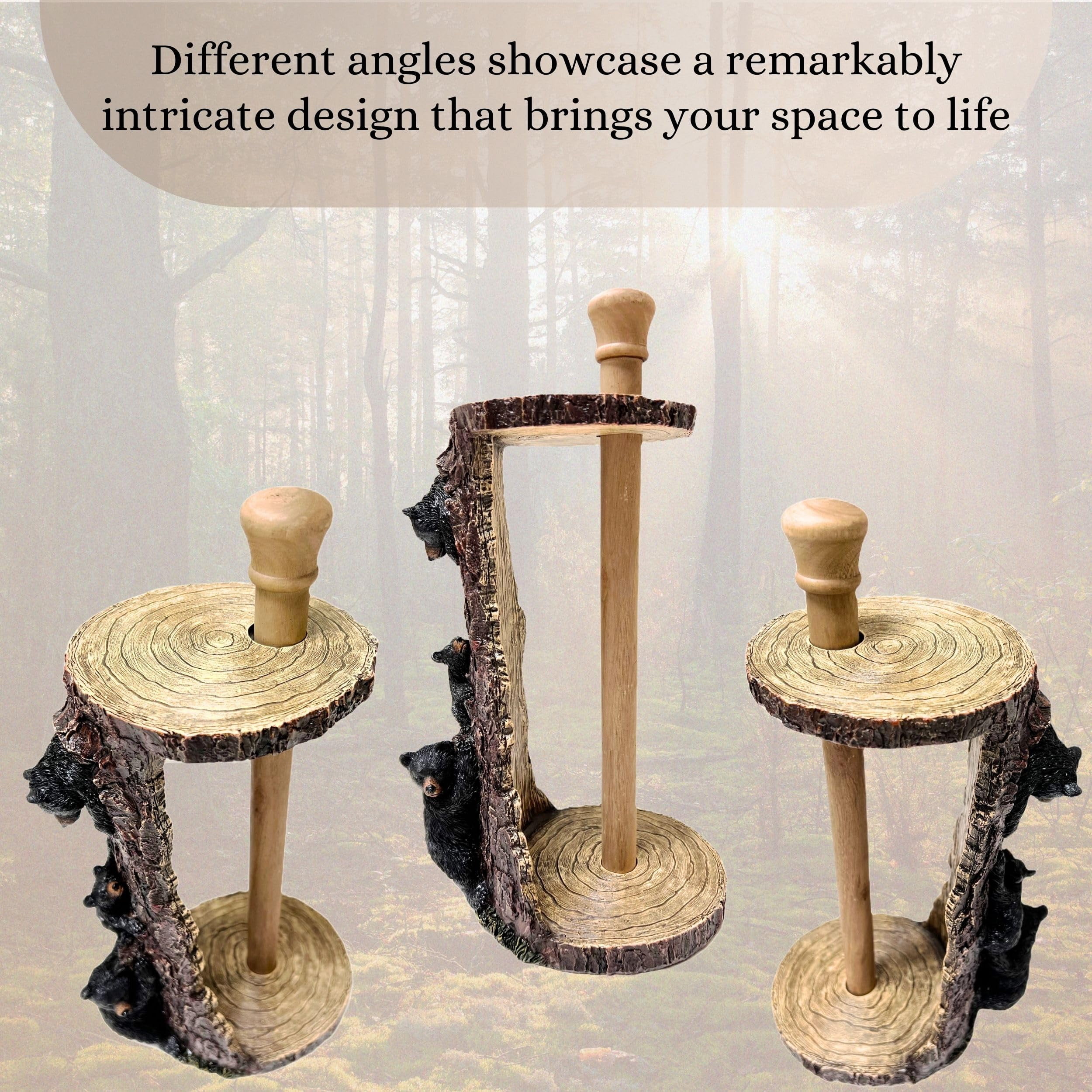 Freestanding Paper Towel Holder with Decorative Bear Design - Rustic Cabin Kitchen Countertop Décor Featuring a Black Bear Family Climbing on a Tree Trunk - Ideal Gift for Bear Lovers