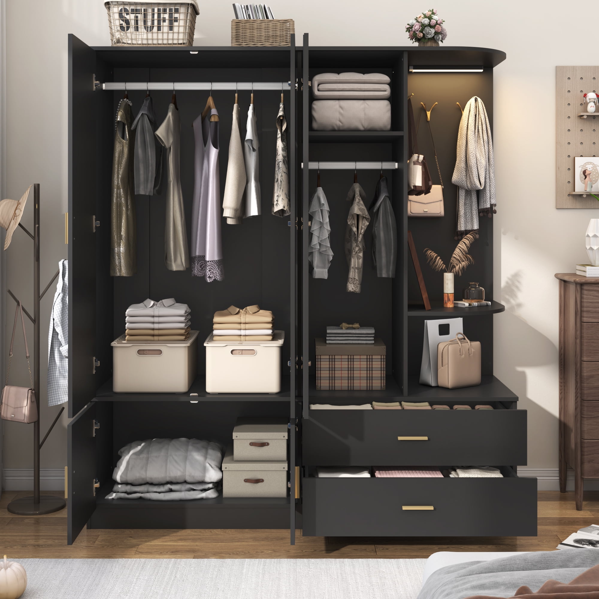 Blotout 3 Door Armoire Wardrobe Closet with Mirror & Sensor Lights, 70'' Large Wardrobe Armoire with 2 Drawers & Shelves, Modern Wooden Armoire Storage with Hanging Rod for Bedroom, Black