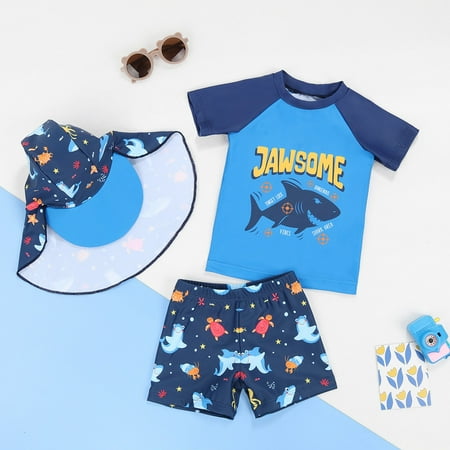GBSYEWXS Children s Activity Set Boys Summer Swimsuit Kids Water Sport Short Swimsuit Beach Tops And Shorts Hats 3 Pieces Holiday Bathing Suits 2025 New Casual Suit