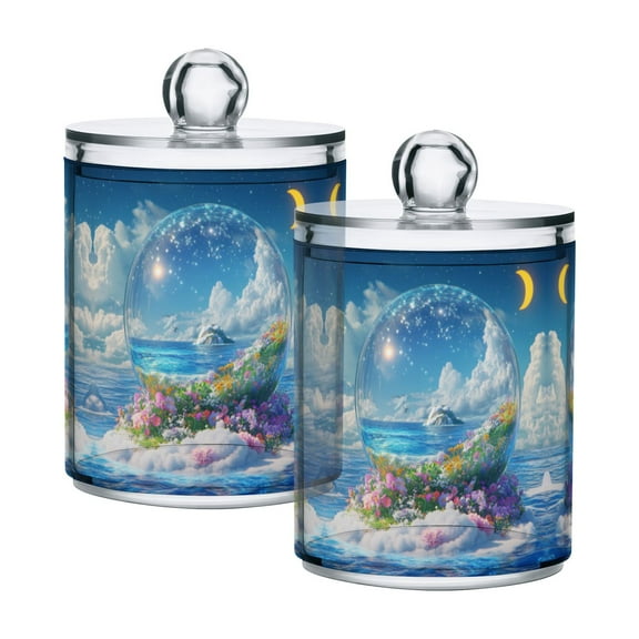 Yayeee 2 Pack Qtip Holder Bathroom Cotton Swab Canister with Lid Clear Dispenser Set, Crystal Ocean