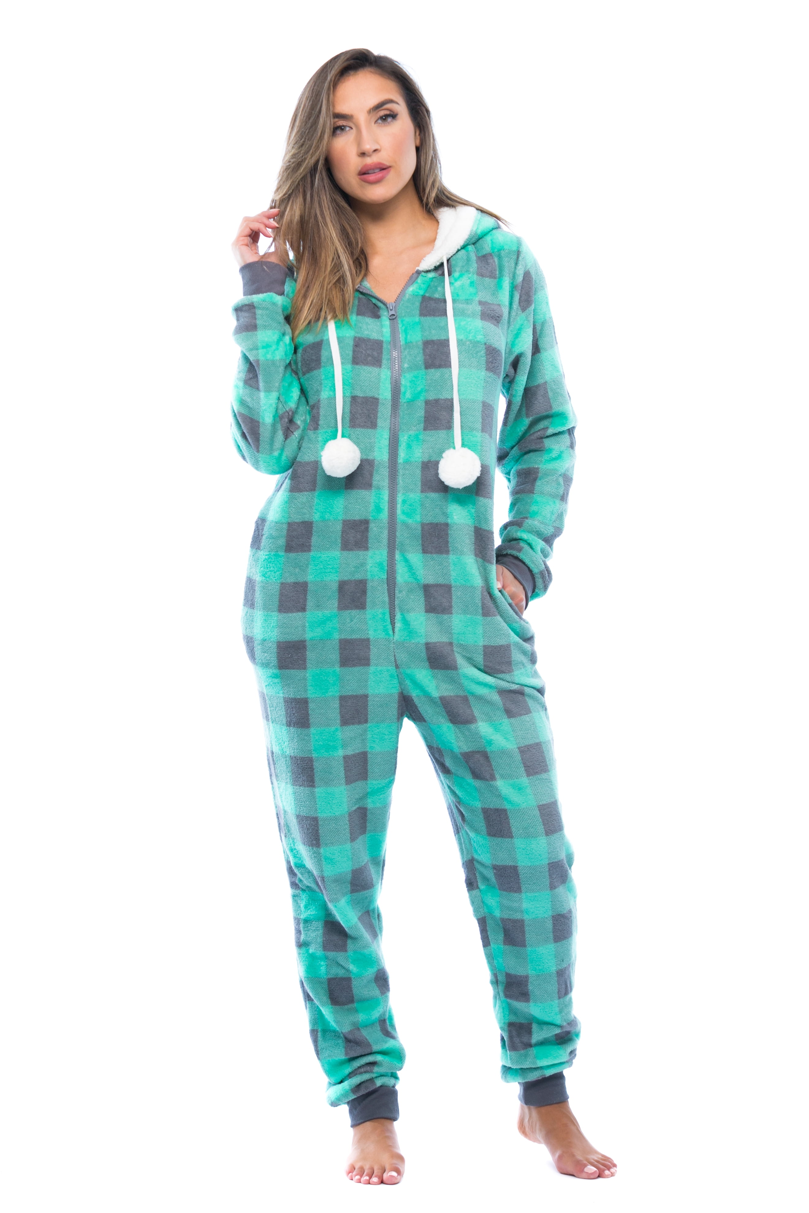 Just Love Buffalo Plaid Adult Onesie Sherpa Lined Hoody One Piece Pajamas (Mint Buffalo Plaid, Small)