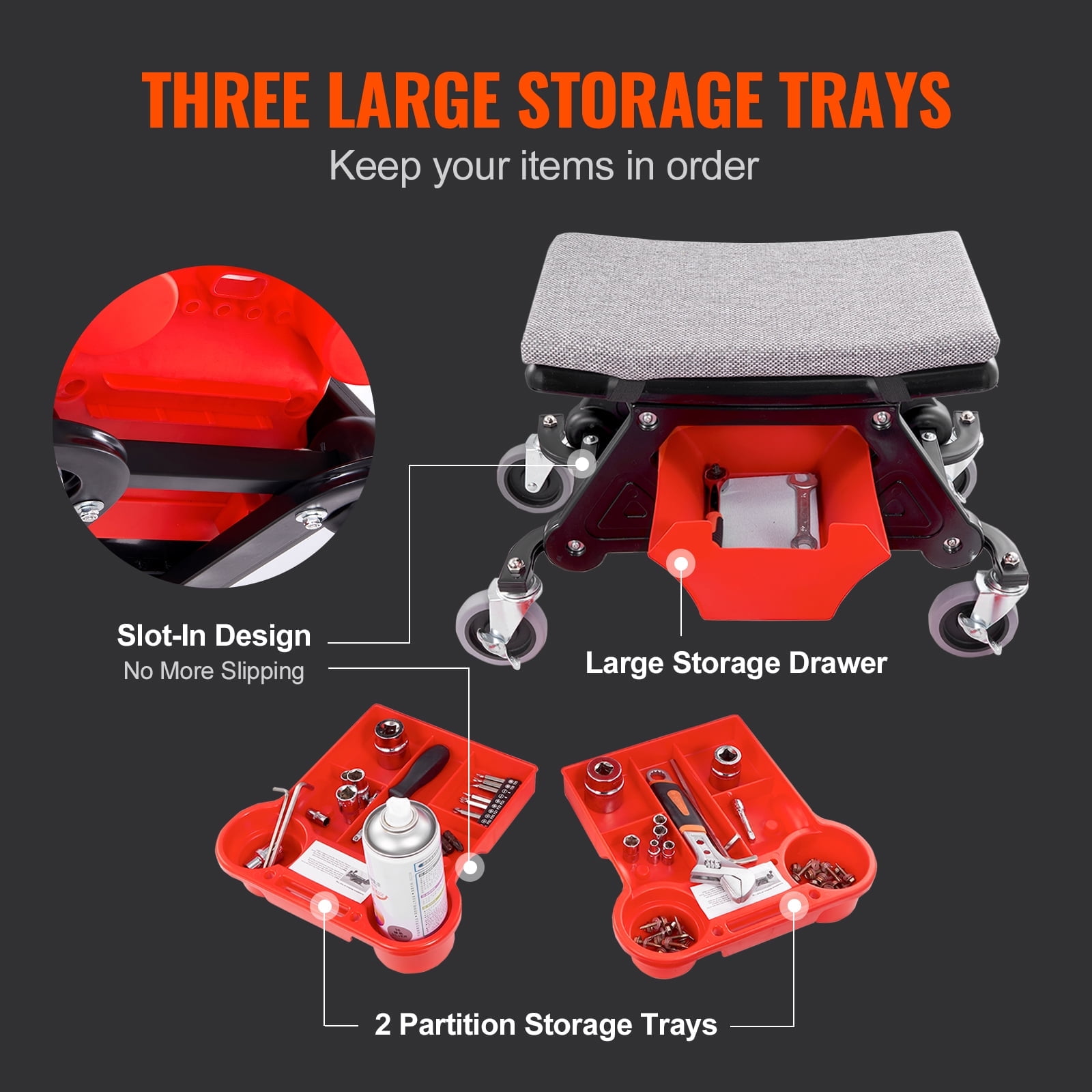 KFFKFF Mechanic's Roller Seat, Supports up to 300 LBS, Equipped with 4-inch Casters, Features 3 Pull-Out Storage Trays and a Drawer, Durable Rolling Creeper Chair for Garage and DIY Tasks
