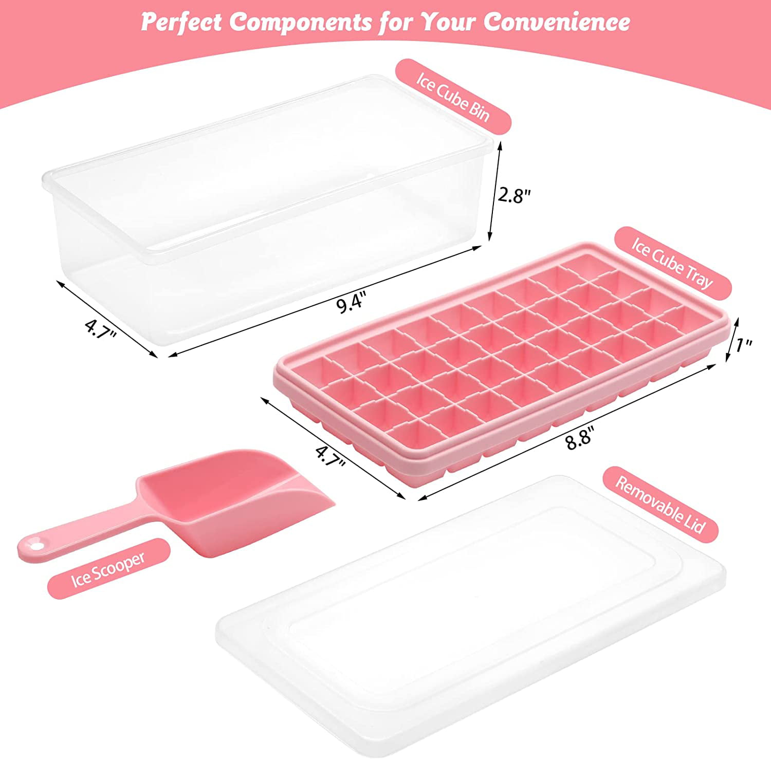 Ice Cube Tray with Lid and Bin for Freezer, Easy Release 36 Nugget Ice Tray  with Cover, Storage Container, Scoop. Perfect Small Ice Cube Maker Tray 
