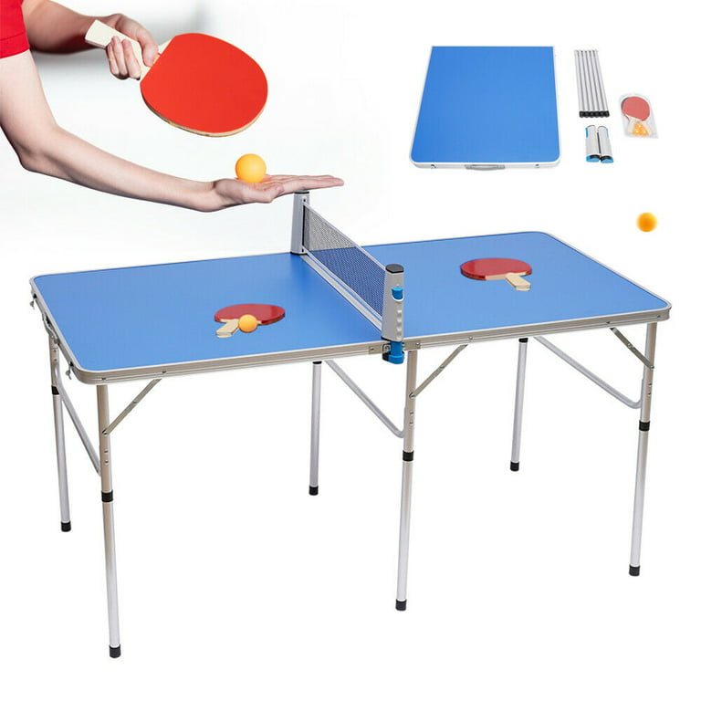 Oukaning Midsize Table Tennis Table,Folding Indoor/ Outdoor Ping Pong Table  with Net 2 Rackets 3 Balls