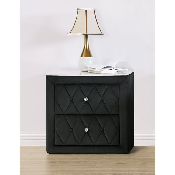 Bedroom Nightstand With Faux Marble Top And Two Drawer Boxes Elegant 2 Black Finish