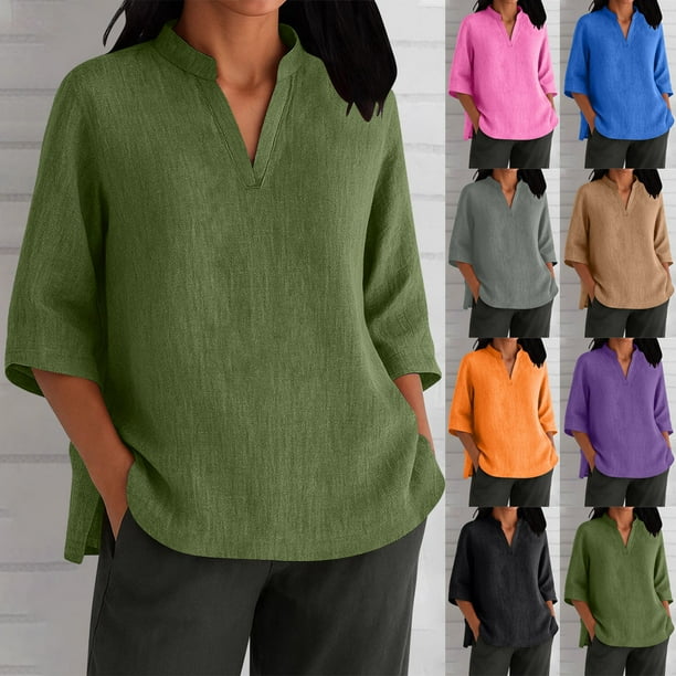 Blusas para mujer,Blusa informal de poliéster con cuello en V y mangas 3/4 para mujer, color liso, para uso diario, sopatenor