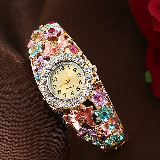 maskred Fashion Lady Flower Bracelet Watch With Rhinestone Ladies