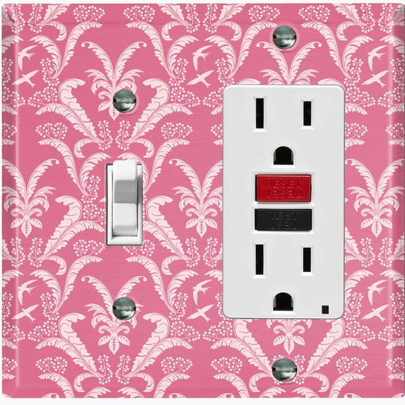 Metal Light Switch Plate Outlet Cover (Victorian Damask Flower Feather Red Pattern - Single Toggle Single Rocker)