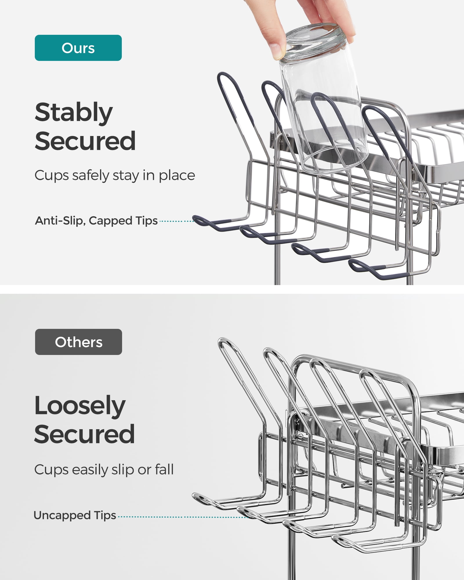 SONGMICS Dish Drying Rack - 2 Tier Dish Rack for Kitchen Counter with Rotatable and Extendable Drain Spout, Silver and Gray