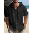thumbnail image 2 of QUTETN Men's Lightweight Linen Hooded Shirt - Casual Button- Short Sleeve with Drawstrings for Beach, Vacation & Streetwear, Black, Beach Clothes, 2 of 4
