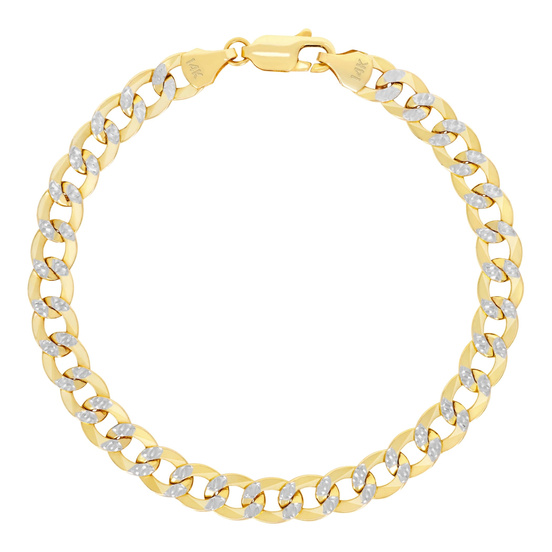 Nuragold 14k Real Yellow Gold Cuban Curb Link 6.5mm Diamond Cut Pave Chain Bracelet (7"-9") Two Tone Italian Jewelry for Men