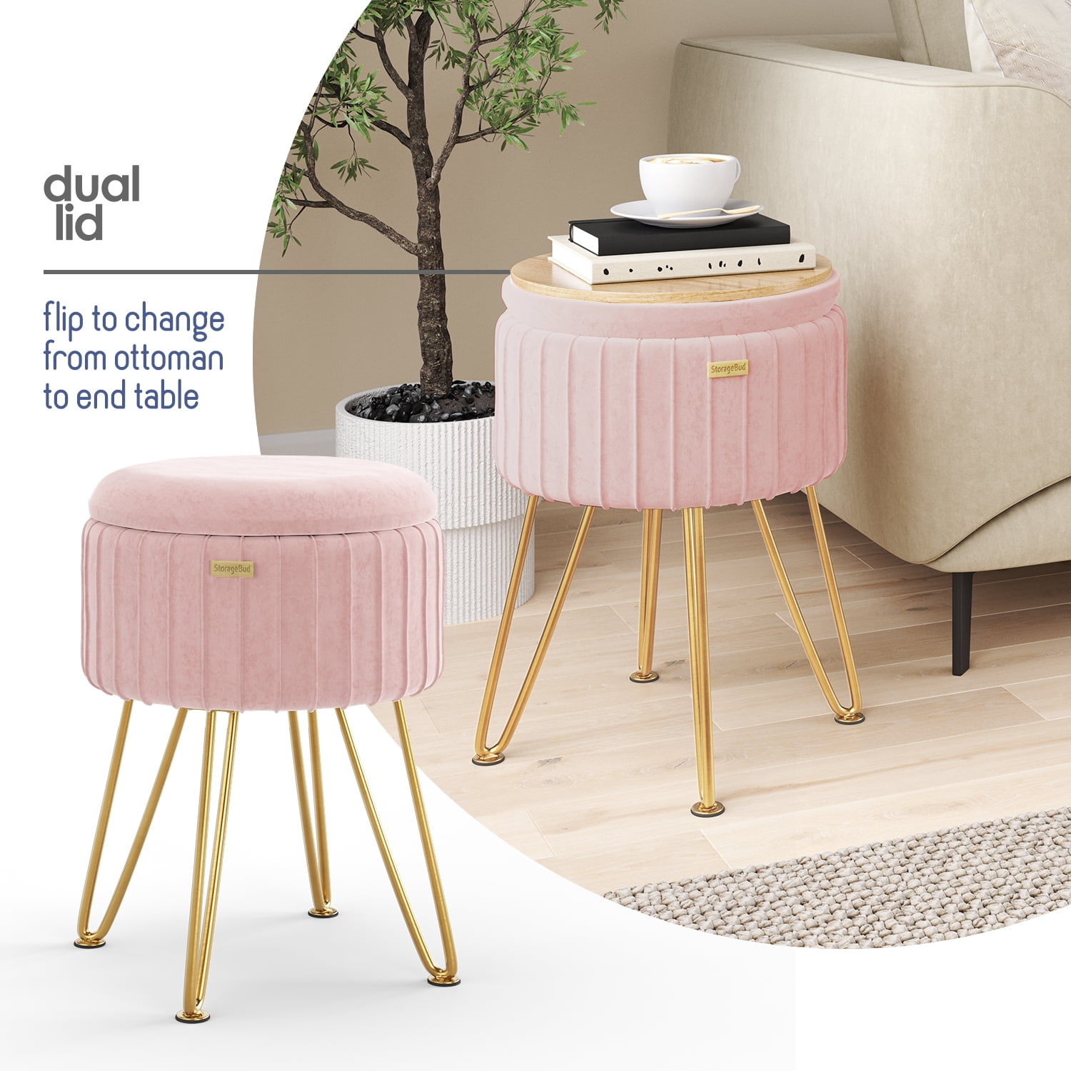 LammaLoe Small Round Ottoman with Storage, Pleated Velvet Ottoman Foot Stool with Lid, Upholstered Vanity Stool for Living Room & Bedroom, Pink