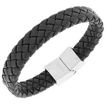 Stainless Steel Black Faux PU Leather Silver-Tone Wristband Men's Bracelet