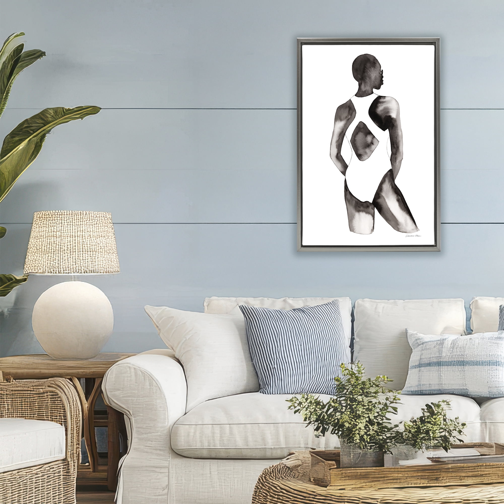 Stupell Industries Beach Day Swimsuit Silhouette Gray Framed Floater Canvas Wall Art, design by Simone Elum
