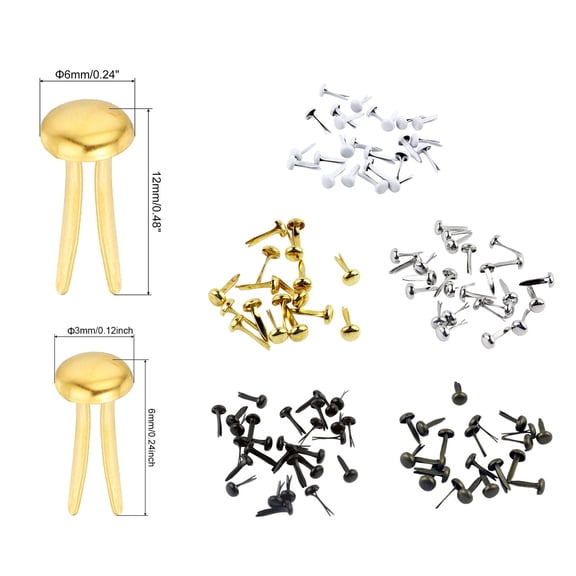 100 Pack Mini Brass Round Paper Fasteners, 6x12mm/3x6mm Mini Round Head Brads, Small Metal Brads, Split Pins Round Paper Fasteners for Scrapbooking, Card Making, DIY Art Craft Supplies