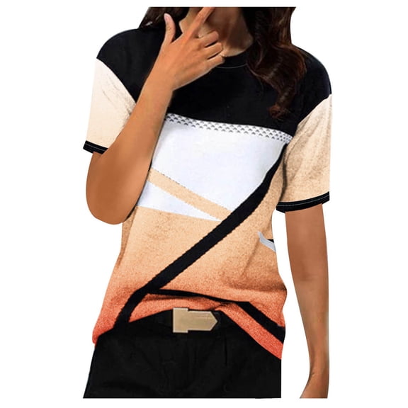 WRKEKC Casual Tops for Womens Geometric Print Round Neck Short Sleeve Loose T-Shirt Top with Modern Comfortable