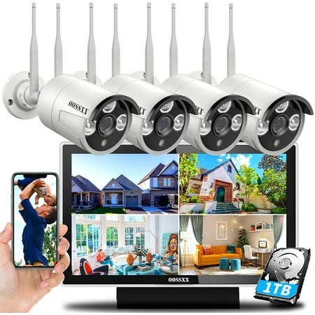 OOSSXX Dual Antennas Wireless Security Camera 2K 3.0MP Surveillance NVR Kits with 1TB Hard Drive, 10 inch Screen 4Pcs Indoor and Outdoor Cameras