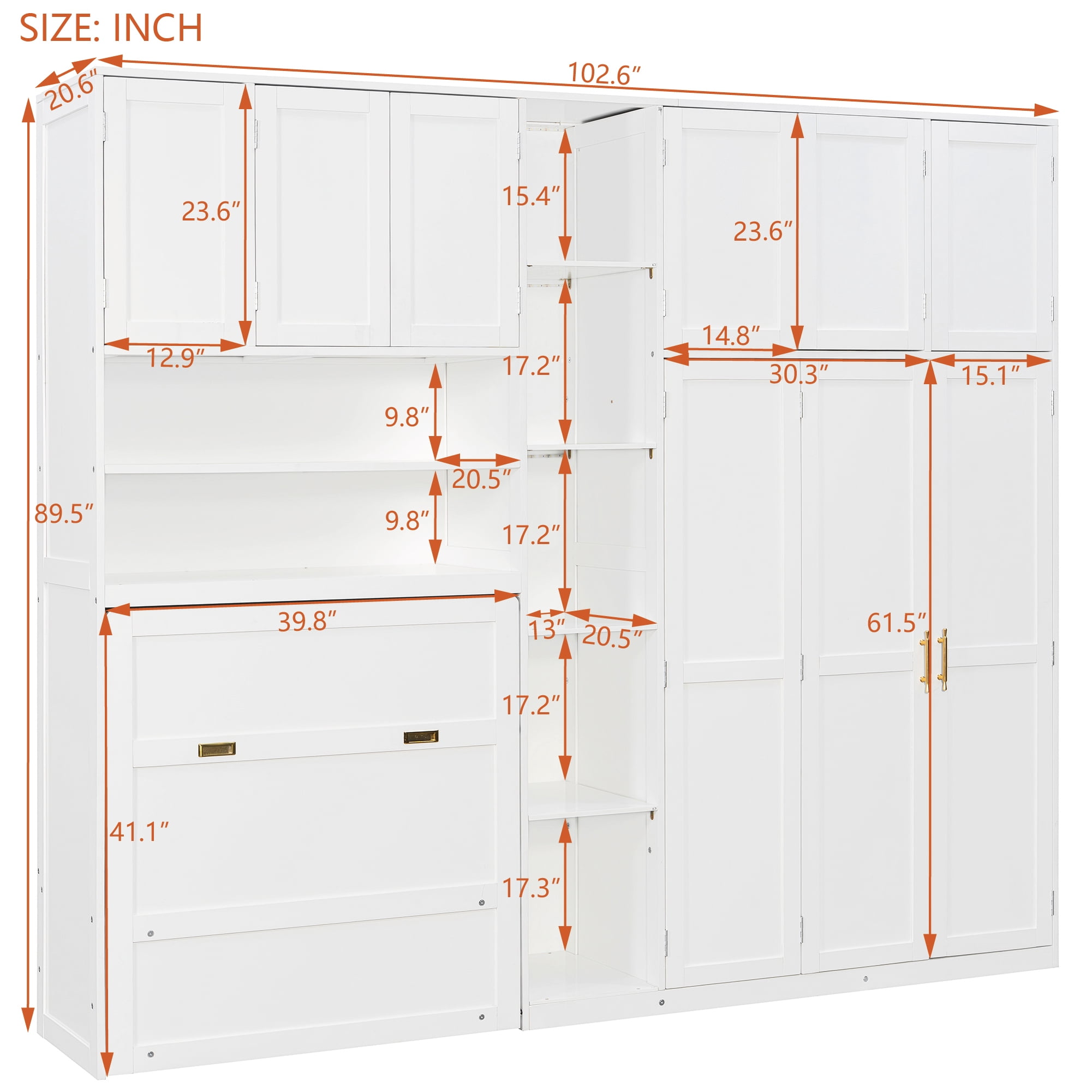 Twin Size Murphy Bed with Wardrobe, Storage Shelves and 5-Tier LED Open Shelves for Small Space, Guest Room