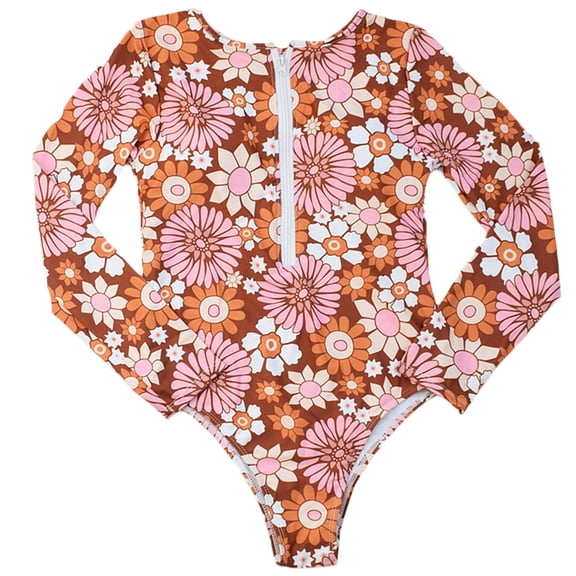 Jesscasday Womens One-Piece Long Sleeve Surfing Rash Guard Zipper Floral Swimsuit Monokini