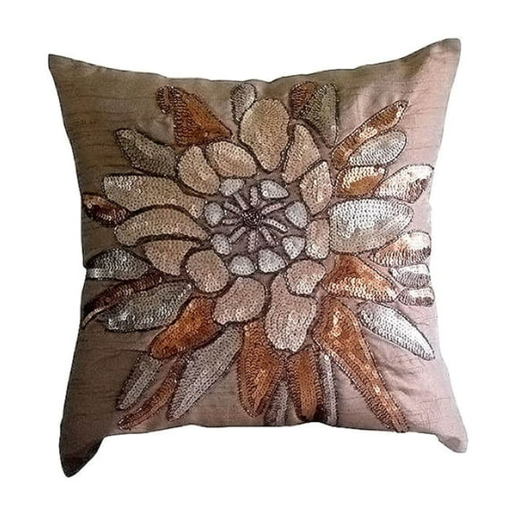 Pillow Case Covers, Brown Pillow Shams, Sequins & Beaded Flower Floral Theme Pillow Shams, 24x24 inch (60x60 cm) Pillow Sham, Square Silk Pillow Shams, Contemporary - Spark Attraction