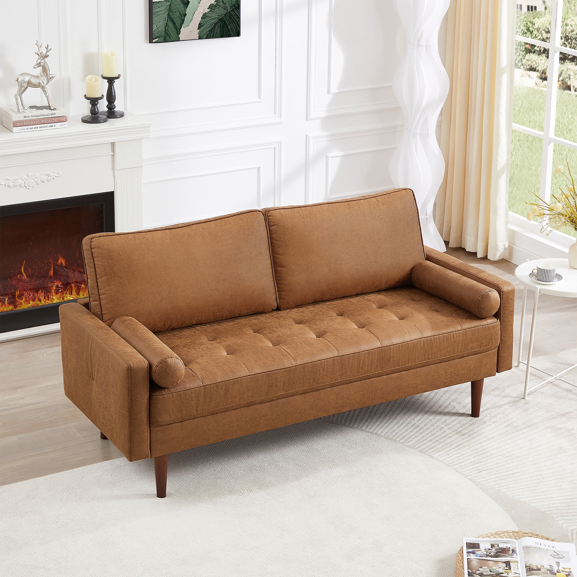Homfa 2 Seat Leather Sofa with 2 Pillow, 57.5" Mid-Century Modern Loveseat Sofa Upholstered Tufted Couch Small Spaces Furniture for Living Room, Camel