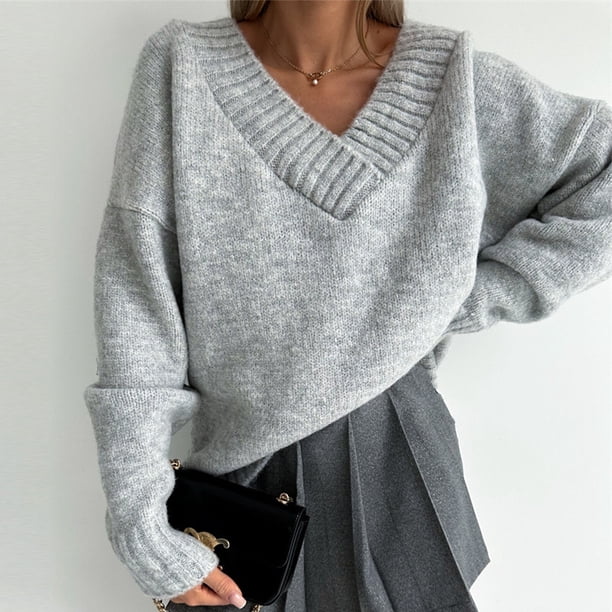 Suéter de cuello en V para mujer, suéter informal de invierno de color sólido con cuello en V y manga larga, suéter suelto de punto, suéter para mujer