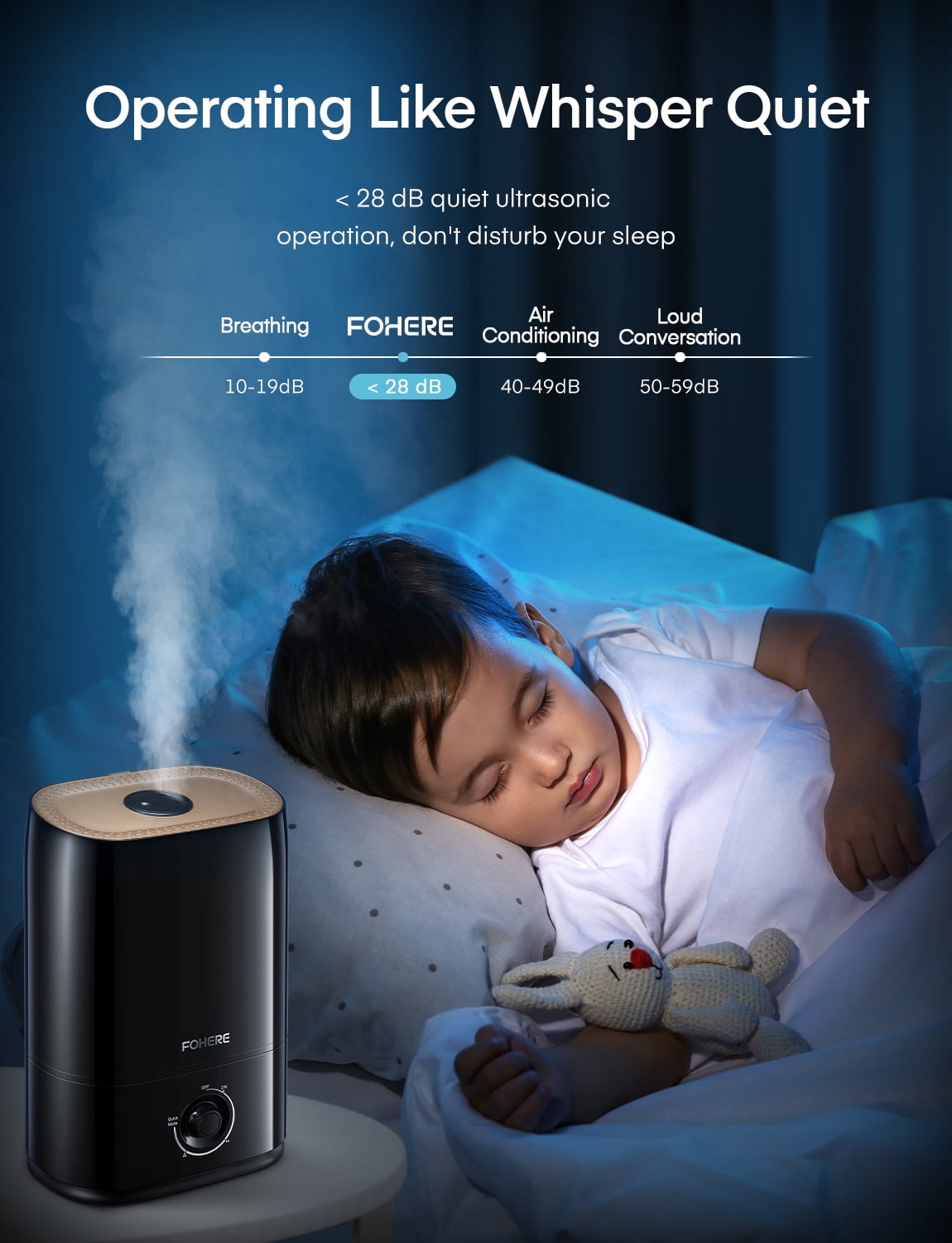 Fohere Cool Mist Humidifier for Room, Smart Top Fill with Nightlight, 5L,Black
