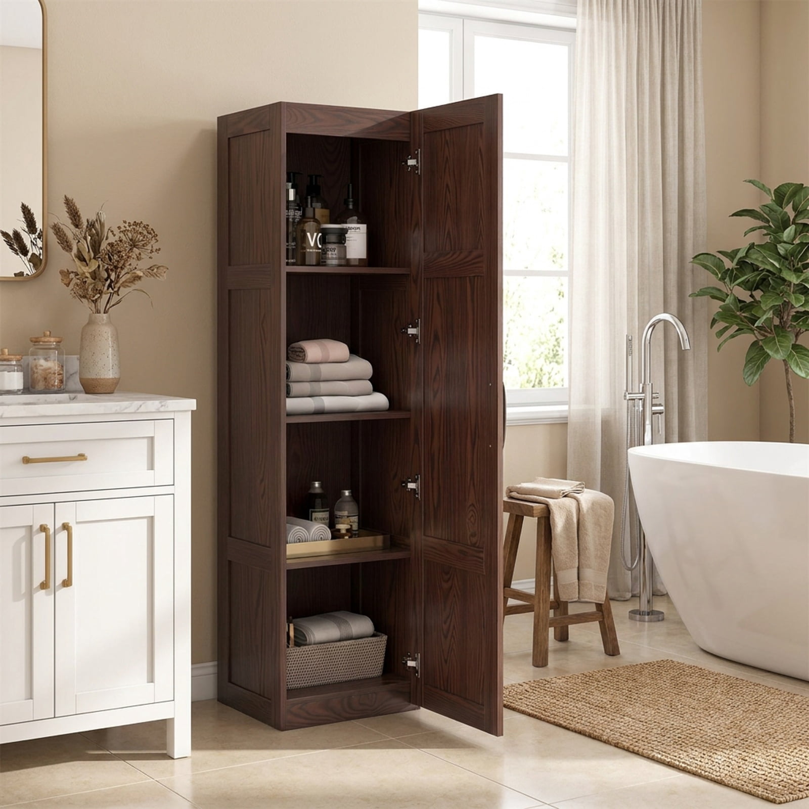 Vebreda Freestanding Bathroom Storage Cabinet, Tall Storage Cabinet with 4 Storage Shelves for Bathroom Living Room, Maximizes Small Spaces