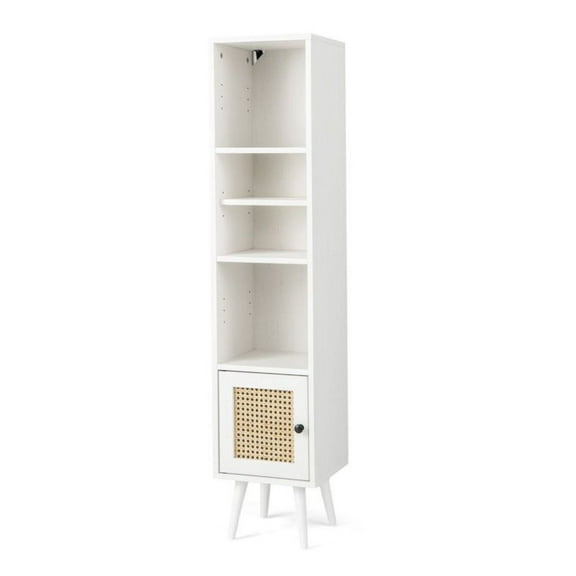 Yunken 4-Tier Rattan Storage Cabinet with Slim Design, Narrow Bathroom Organizer with Woven Doors for Small Spaces