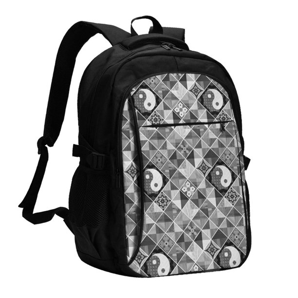 Balery Yin Yang With Black And White Mochila con carga USB para hombre y mujer - Mochila impermeable y antirrobo para laptop con puerto USB para viajes, trabajo