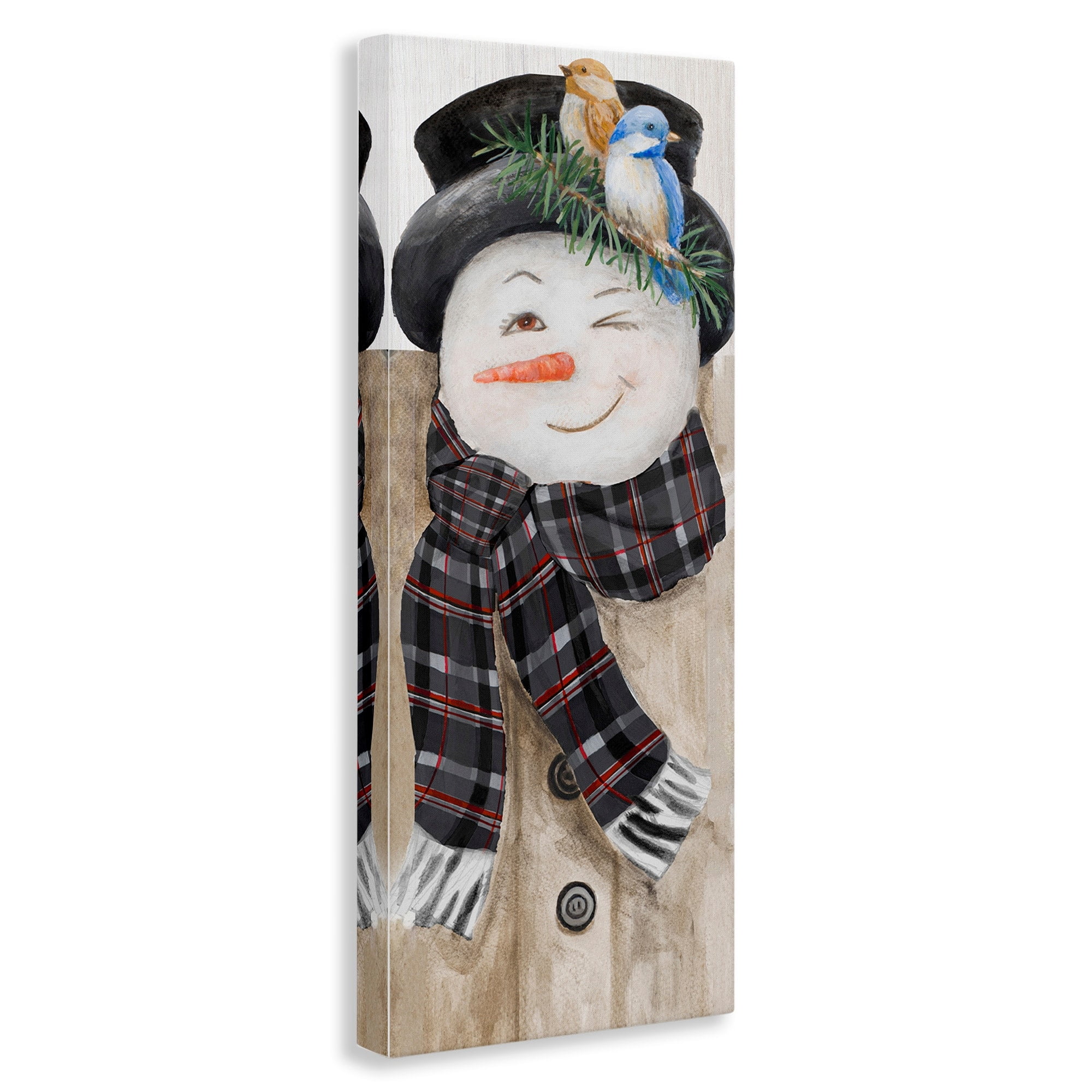 Stupell Industries Snowman Wink Winter Birds Rustic Plaid Scarf Fairy Tales & Fantasy Painting Gallery Wrapped Canvas Print Wall Art, 13 x 30