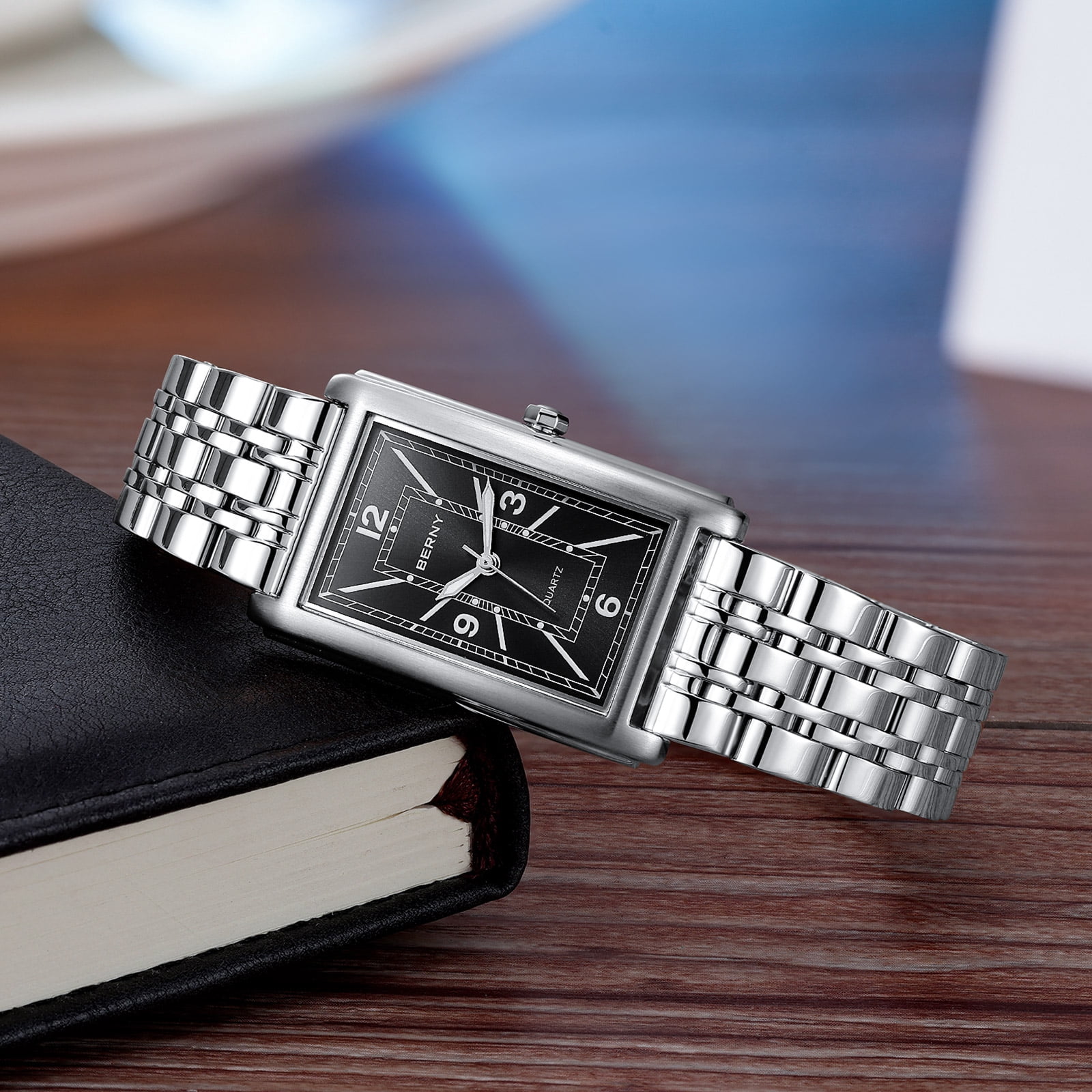 BERNY Rectangular Silver Watch for Men, Fashion Waterproof Analog Quartz Wristwatch, Stainless Steel, Luminous, Arabic Numeral, Business Dress Men's Watches (Black)