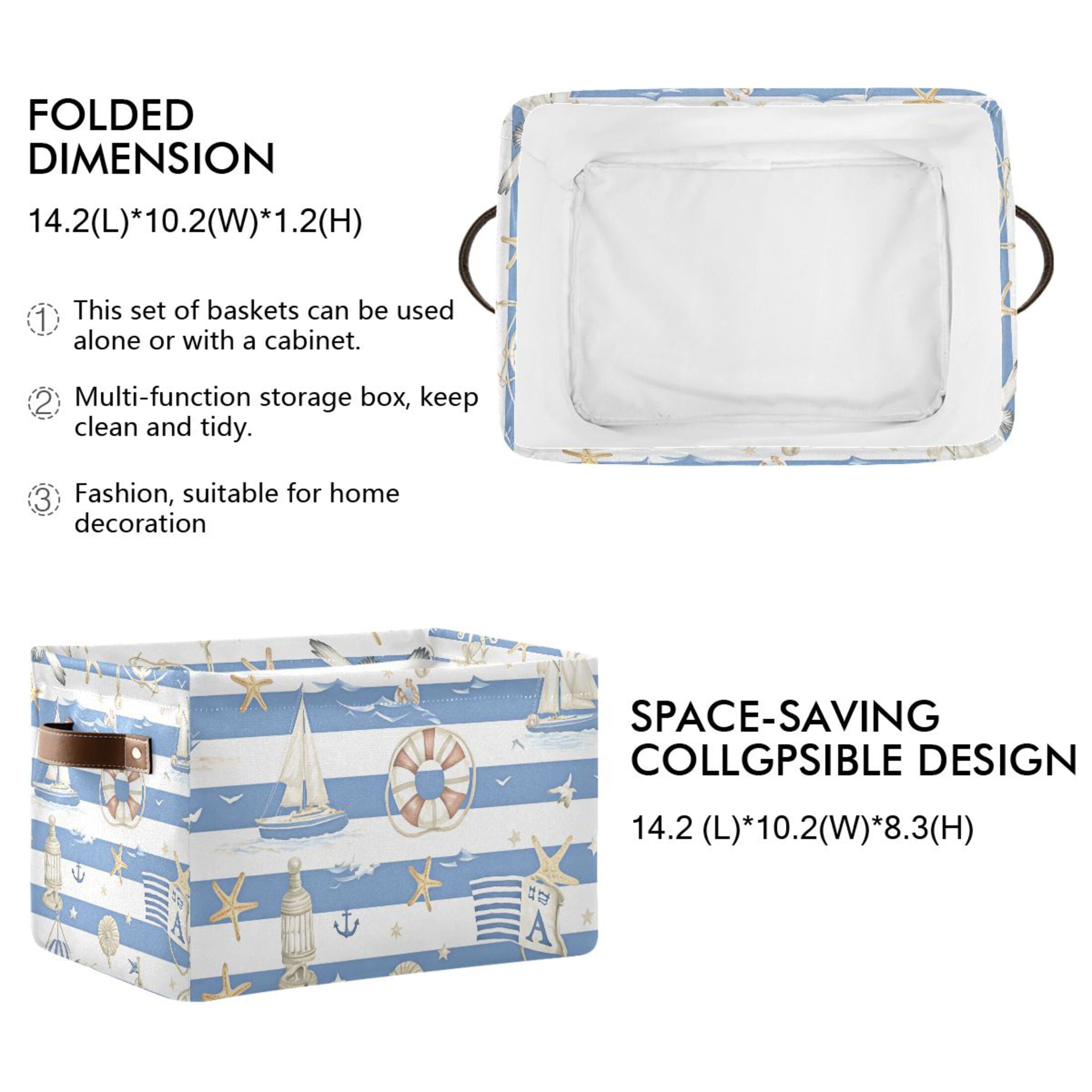 Ryvnso Starfish Sailboat Storage Basket Large Bin Foldable Boxes Toys Organizer 14.2x10.2x8.3in 2 PCs