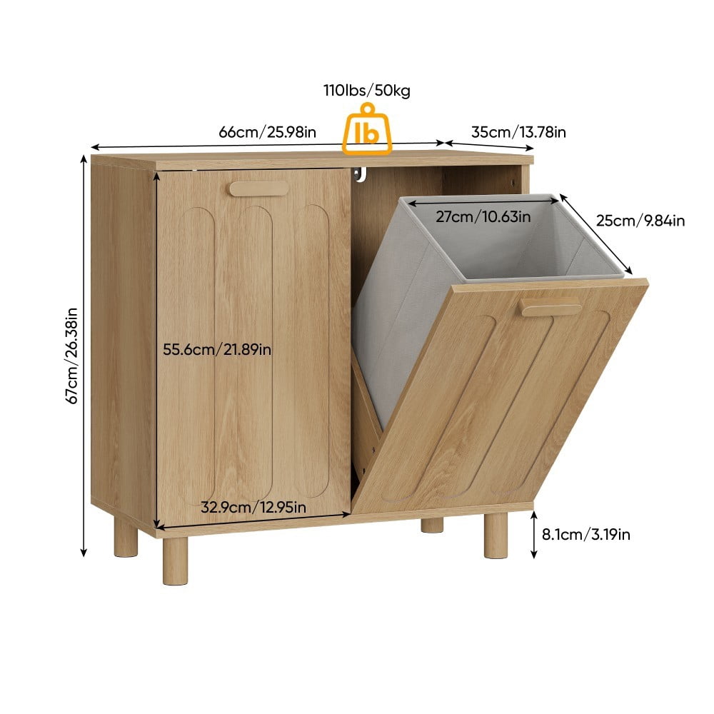 Laundry Hamper Cabinet with 2 Removable Baskets, Tilt-Out Laundry Storage Cabinet, Freestanding Clothes Sorter for Bathroom, Laundry Room, Oak