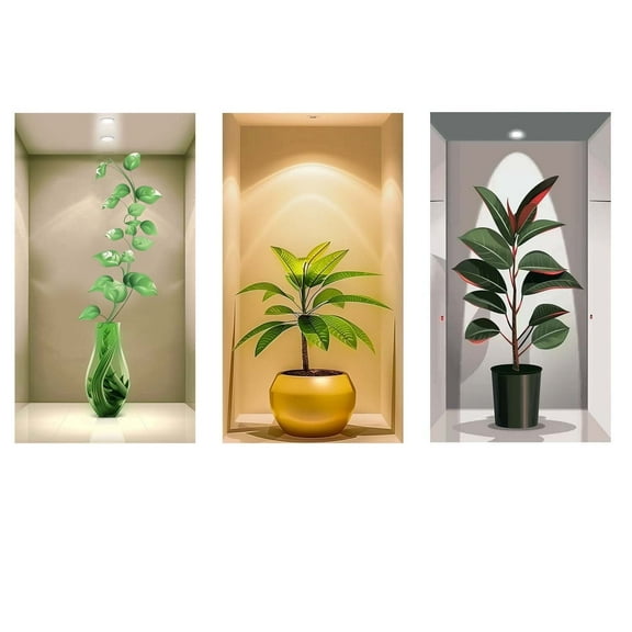 Wall Stickers 3 Pcs Set Green Plants 3D Art Mural Self-adhesive Removable Decals Vinyl Peel and Stick Living Room Bedroom Dining Room Office Decor 7.4"x13.3"