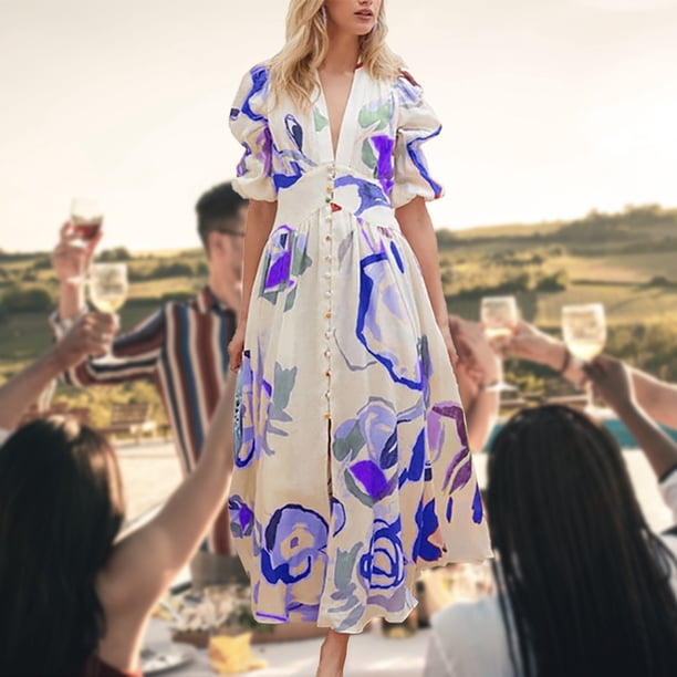 Vestido De Mujer Vestido elegante con cuello en V Maxi Dress Vestidos Moda suave para boda (Azul S) Cgtredaw Para estrenar