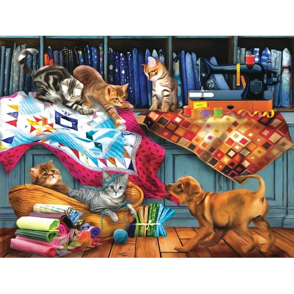 SUNSOUT INC - Quilting Room Mischief - 300 pc Jigsaw Puzzle by Artist: Tom Wood - Finished Size 18" x 24" - MPN# 28832