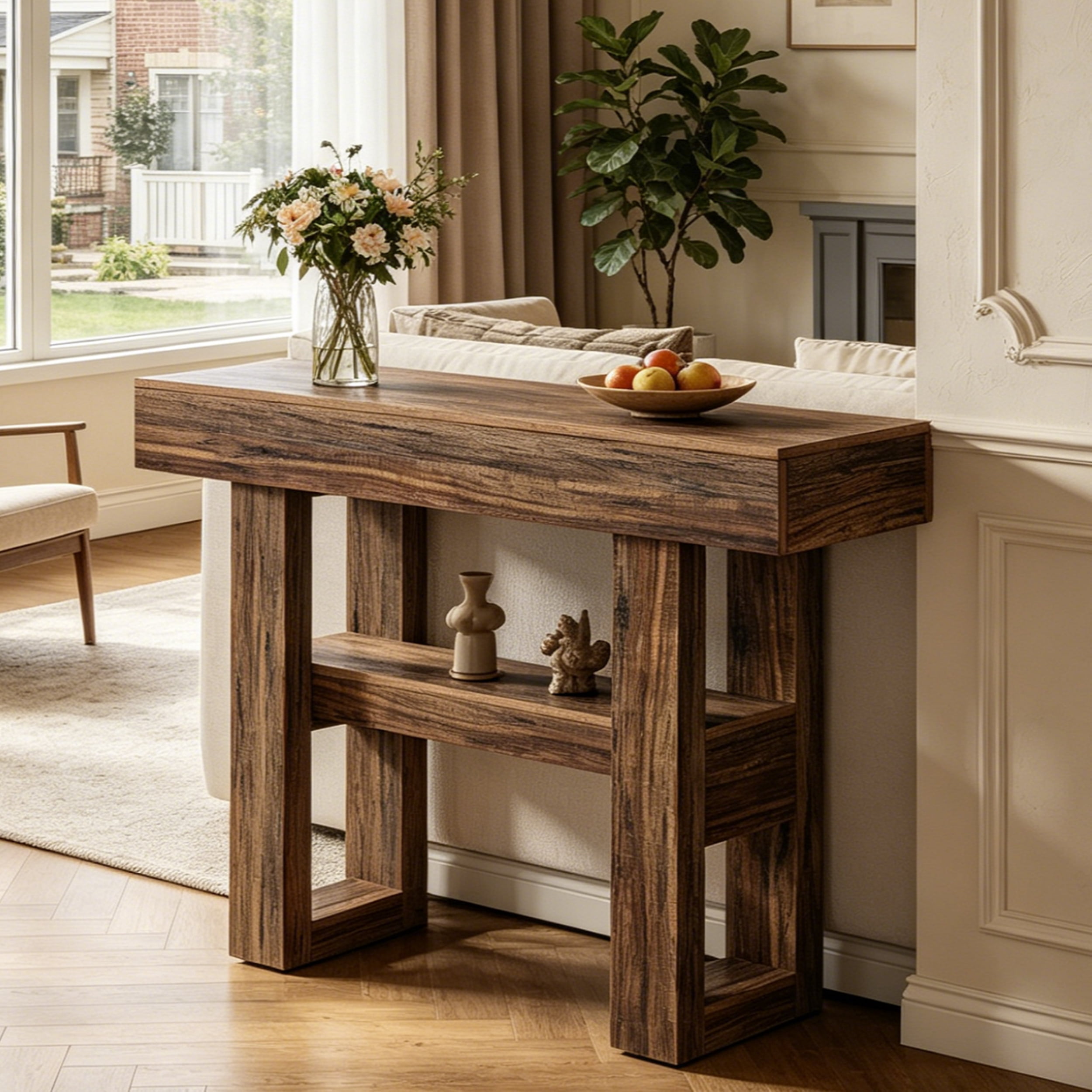 Fnova 41.34" Farmhouse Console Table, Narrow 2-Tier Wood Entryway Table with Storage Shelf, Sofa Table for Living Room, Hallway, Behind Couch, Dark Brown