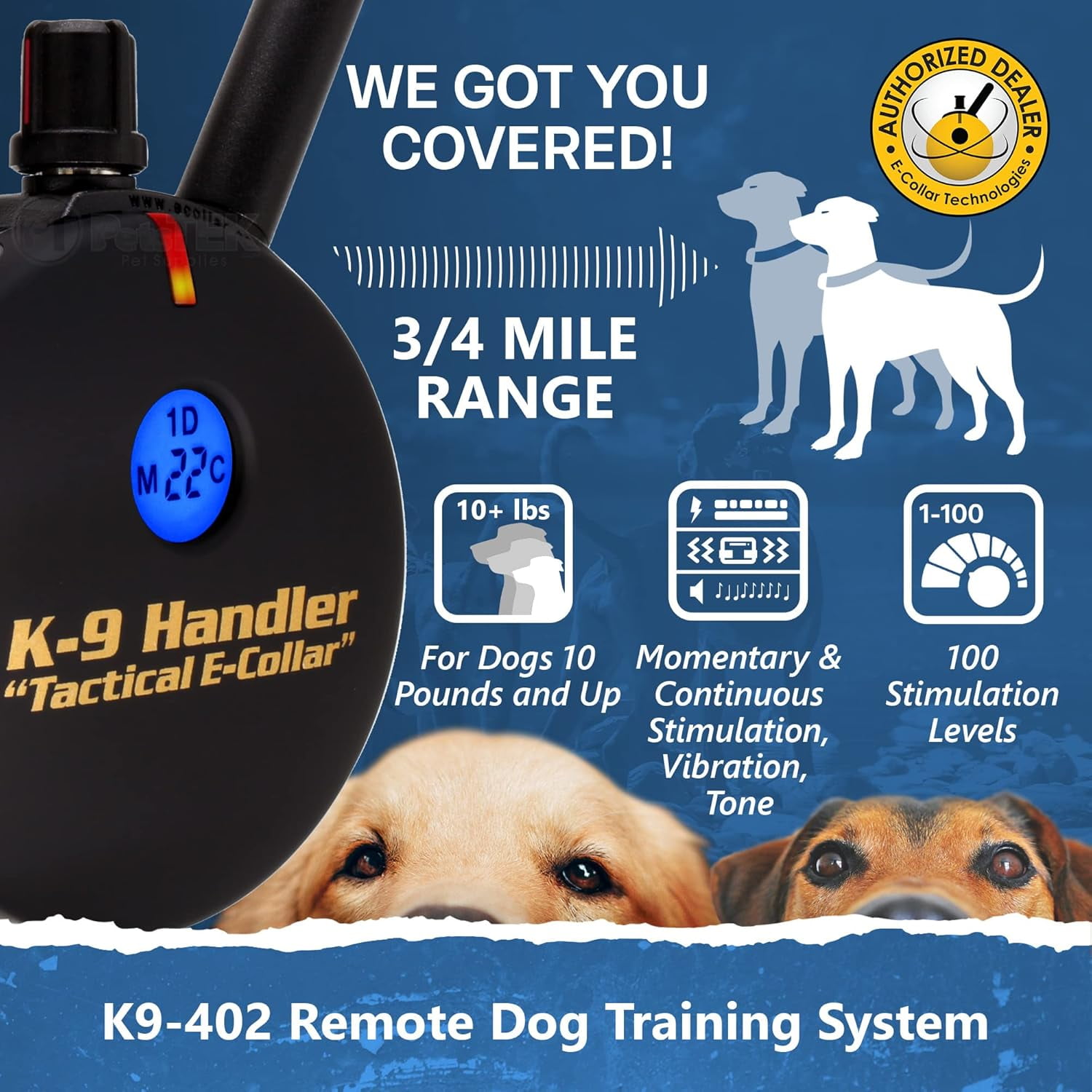 Educator K9-402 Two Dogs K9 Handler Professional E-Collar Training Collar with Remote - Up to 3/4 Mile Range, Waterproof, Rechargeable, 100 Stimulation Levels, Vibration, Tone, 33-Inch Bungee Collar
