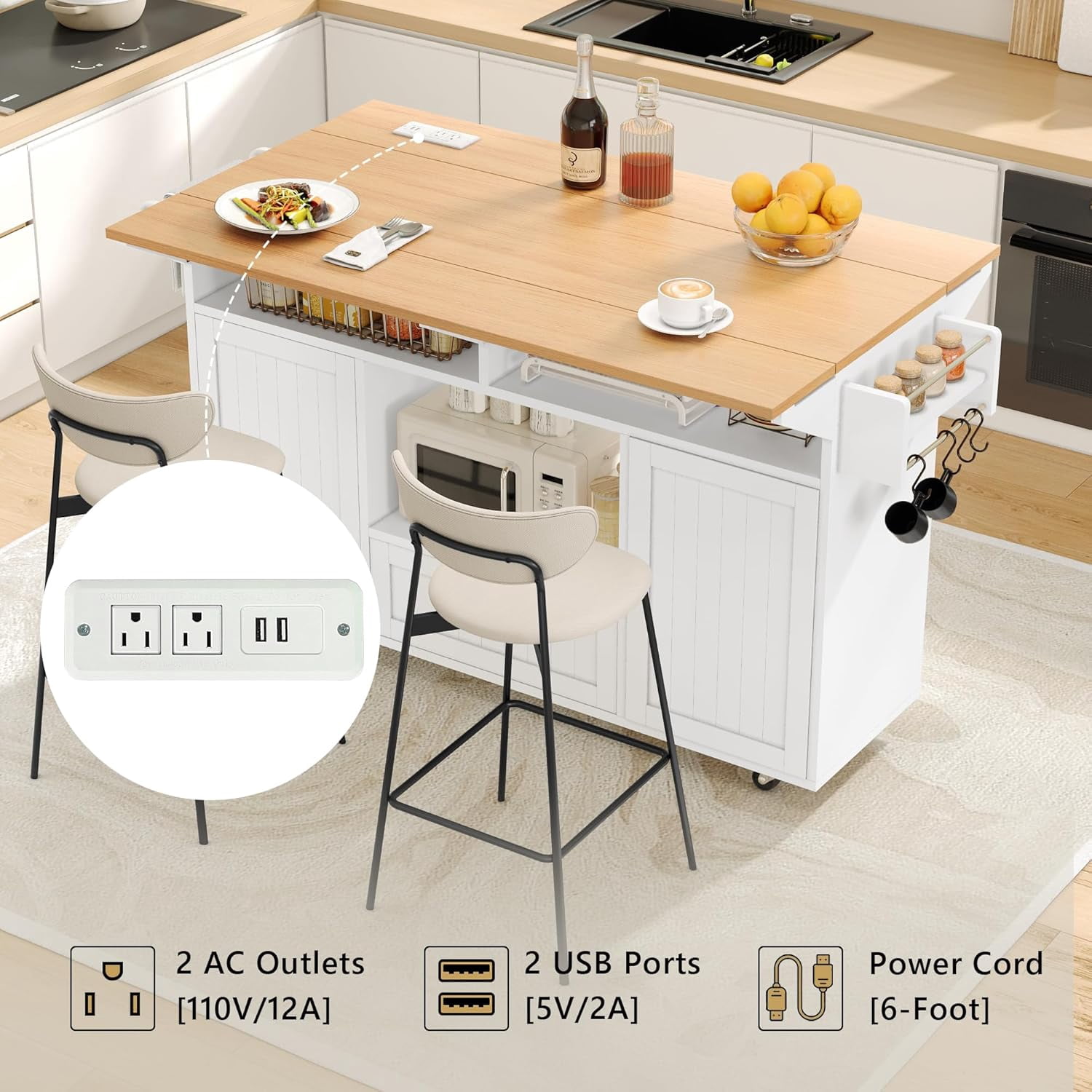 55" Movable Kitchen Island with Drop Leaf and Power Outlet, Rolling Kitchen Cart with Trash Storage Cabinet,White