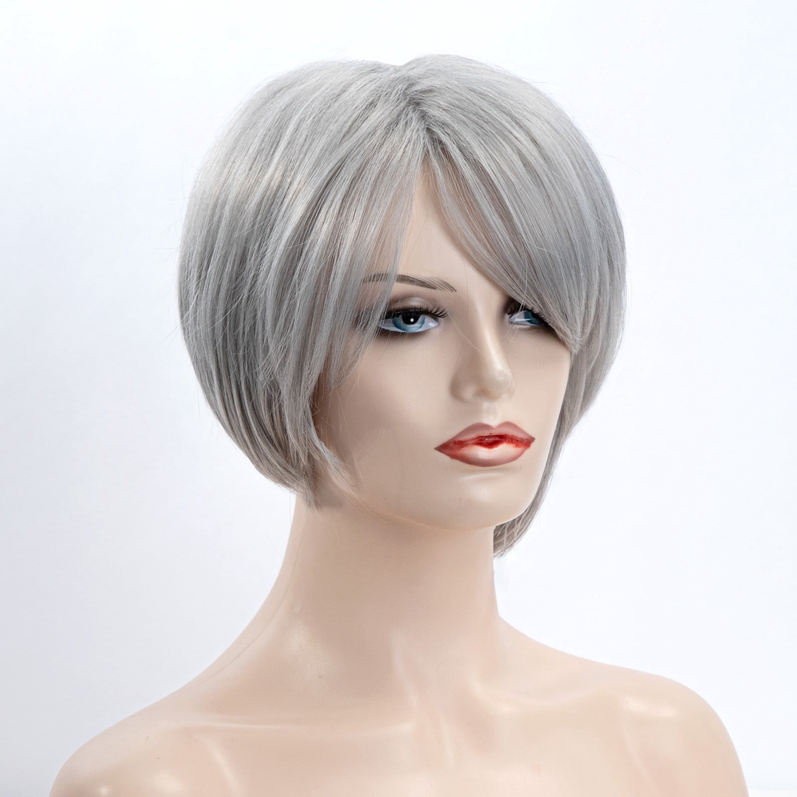 Sucs Short Grey Bob Wigs Sliver Gray Synthetic Straight Hair Repalcement Wig with Bangs