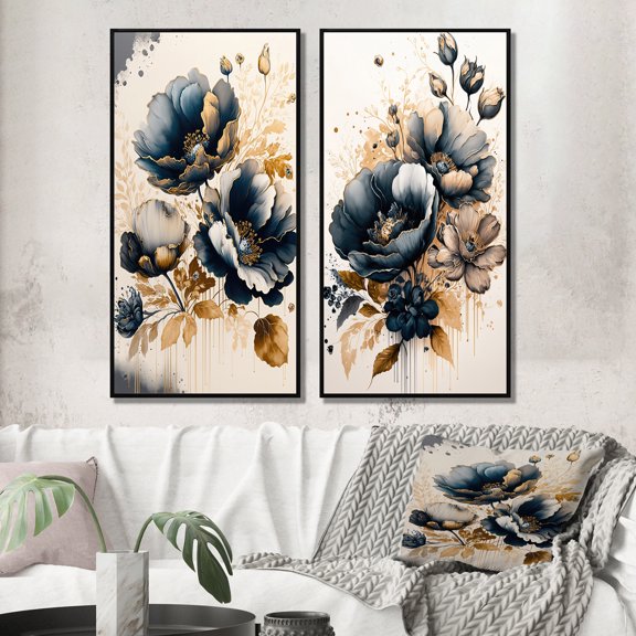 Designart "Poppy Flowers in Navy Blue and Gold II" Poppy Framed Wall Art Set Of 2 - Blue Floral Frame Gallery Set For Office Decor