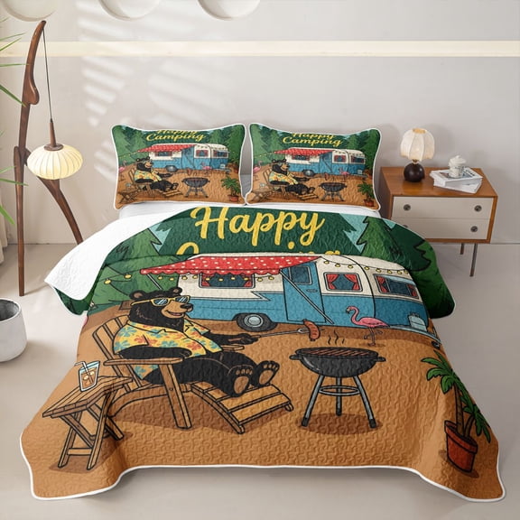 Erosebridal Bear RV Car Twin Quilt Set, Tropical Happy Camping Twin Coverlet Set for Boys and Girls, 2pcs