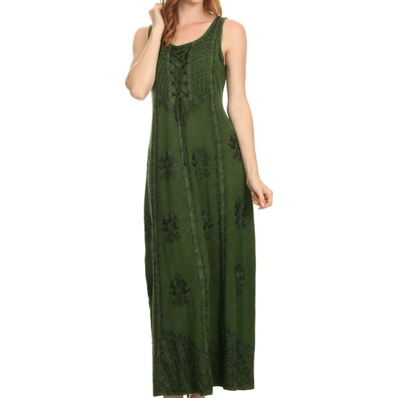 Sakkas Stella Long Tank Top Adjustable Caftan Corset Dress With Embroidery - Green - L/XL